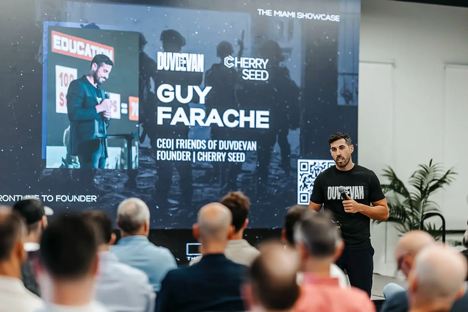 Guy Farache, CEO of Duvdevan Foundation and founder of Cherry Seed, speaking at the Miami Showcase.